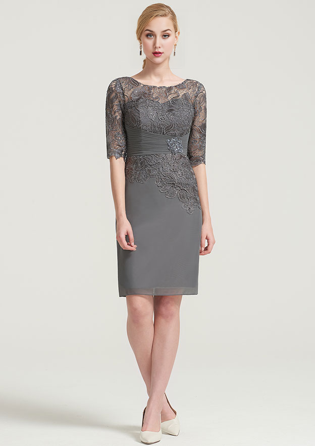Elegant Wedding Guest Dresses Chiffon Sheath/Column Boat Neck Half Sleeve Pleated Lace Appliqued With Jacket Knee-Length Bargain Mother of the Bride Dress