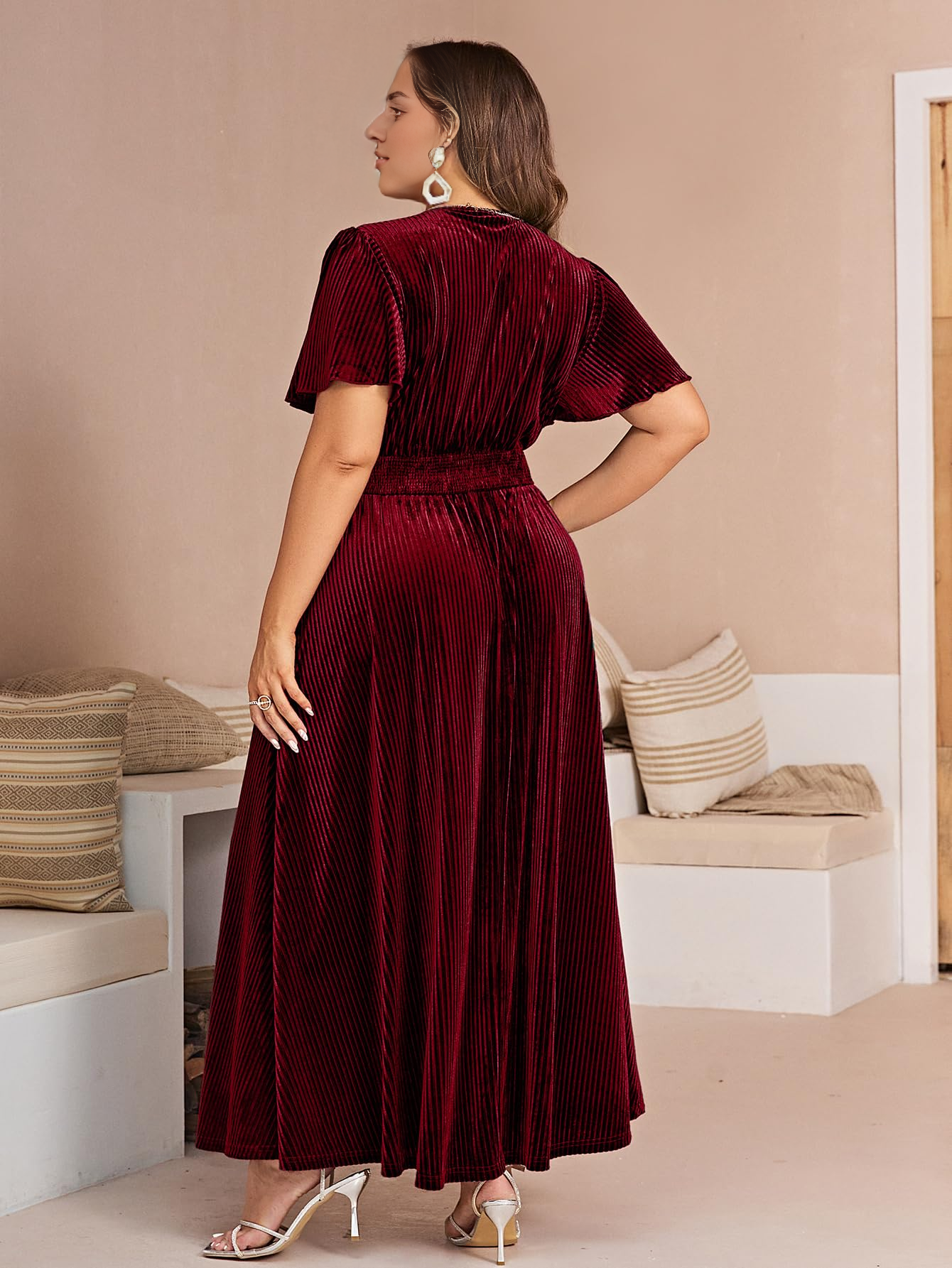 Evening dress Women’s V Neck Velvet Maxi Dress Short Sleeve Empire Waist Long plus size Formal Wear Dresses Wedding Guest Dress
