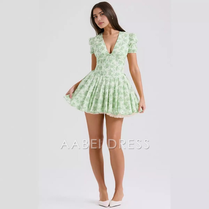 AABEI DRESS New Homecoming Dress V-Neck Short Sleeve Mini Dress Sexy Floral Pleated Party A-Line Dress High Waist Slim Mini Dress Prom Dress