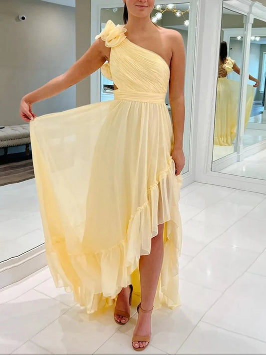 Light Yellow A-line Pleated One Shoulder Sleeveless Lace-Up Backless Asymmetry High-Low Ruffle Fashion Wedding Guest Dress Long Hot Sale Prom Dresses