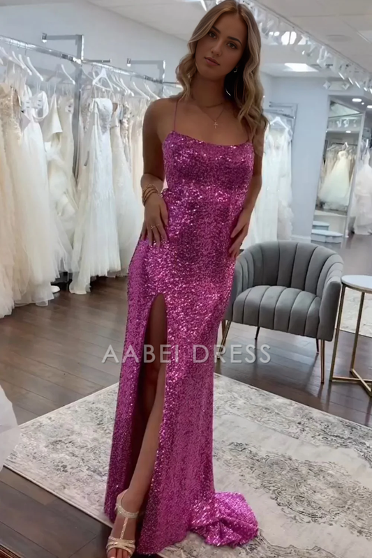 AABEI DRESS Hot Sale Prom Dress Sparkly Sequin Mermaid Spaghetti Straps Backless Long With Split Formal Dress