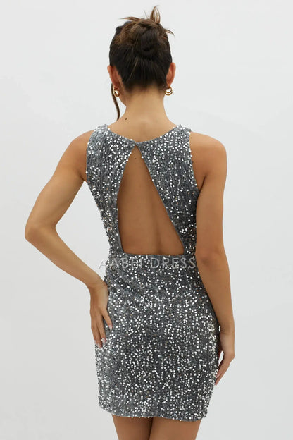 Silver Gray Sequined Sleeveless Slim Fit Slit Keyhole Back Evening Dress Sparkle Mini Dress Hot Sale Homecoming Dress