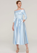 Exquisite Wedding Guest Dresses Sky Blue Satin A-line Off-the-Shoulder 3/4 Sleeve With Lace Appliqued Sashes Ruched Tea-Length Bargain Mother of the Bride Dress