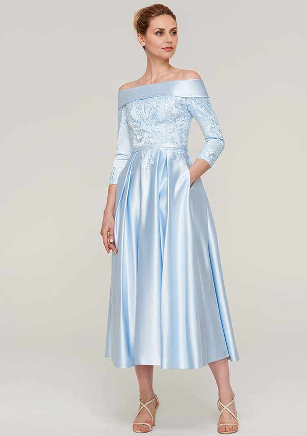 Exquisite Wedding Guest Dresses Sky Blue Satin A-line Off-the-Shoulder 3/4 Sleeve With Lace Appliqued Sashes Ruched Tea-Length Bargain Mother of the Bride Dress