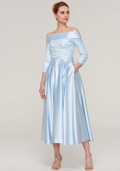 Exquisite Wedding Guest Dresses Sky Blue Satin A-line Off-the-Shoulder 3/4 Sleeve With Lace Appliqued Sashes Ruched Tea-Length Bargain Mother of the Bride Dress