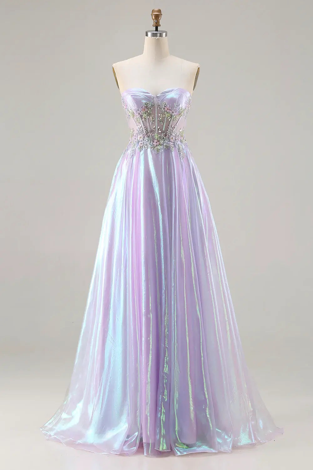 Affordable Luxury Prom Dress Sparkly Purple A Line Strapless Sweetheart Corset with Beading Flower Sleeveless Backless Bargain Long Wedding Guest Dress