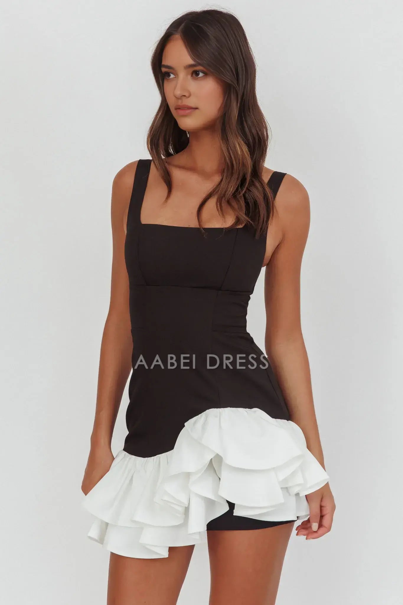 Sheath Square Neck Wide Shoulder Straps Sleeveless Layered Frill Hem Black Charming Mini Dress Hot Sale Homecoming Dress