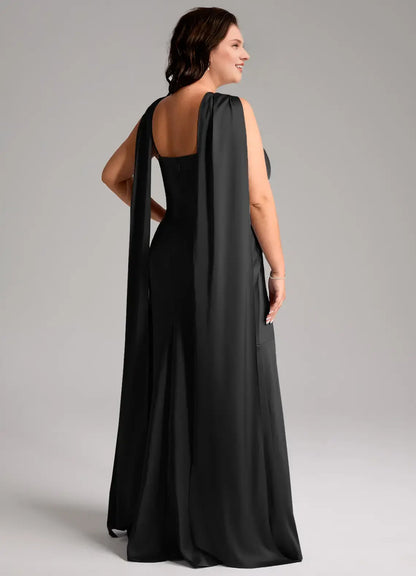 Wedding Guests Dresses Elegant Black Mermaid Halter Cape Sleeveless Side Slit Floor-Length Charming Plus Size Formal Dress Discount Hot Sale Prom Dress