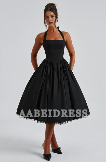 Formal Wear Dresses Prom Dresses A Line Square Neckline Halter Tea-Length Dresses Elegant Youthful Wedding Guests Dresses
