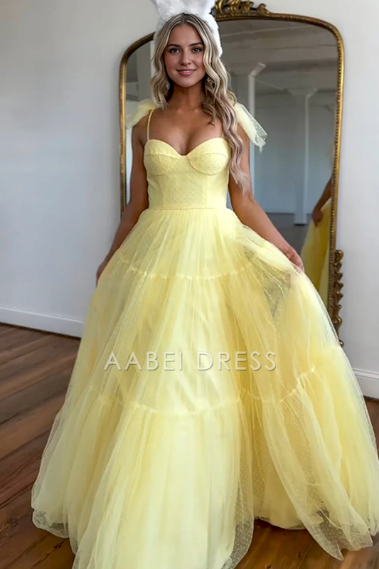 AABEI DRESS Hot Sale Prom Dress A-Line Tie Spaghetti Straps Long Tulle Romantic Formal Dress