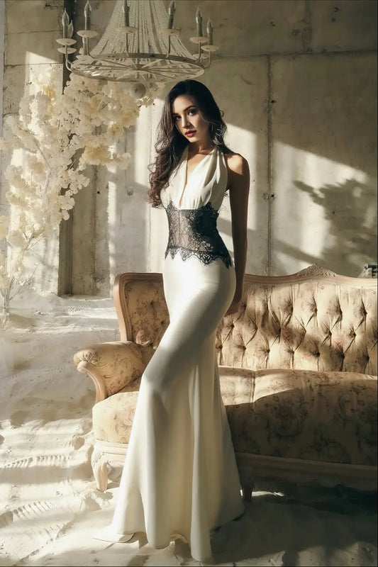 Sexy Formal Women's Dresses Ivory Satin Mermaid Halter V-Neck Sleeveless With Lace Charming Floor Length Affordable Prom Dress