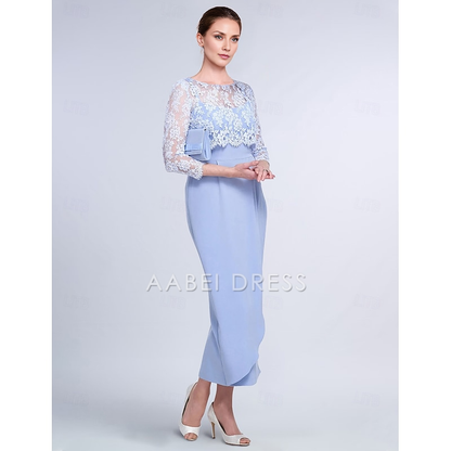 AABEI DRESS Wedding Guest Dress Elegant Sheath Jewel Neck 3/4 Length Sleeve Tea Length Wrap Included Jacket Dresses with Lace Fashion Two Piece Mother of the Bride Dress
