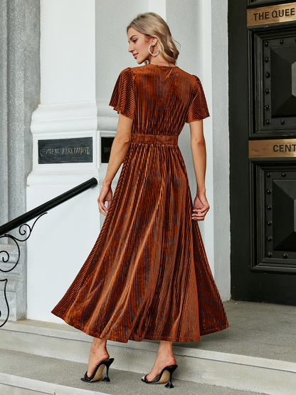 Evening dress Women’s V Neck Velvet Maxi Dress Short Sleeve Empire Waist Long plus size Formal Wear Dresses Wedding Guest Dress
