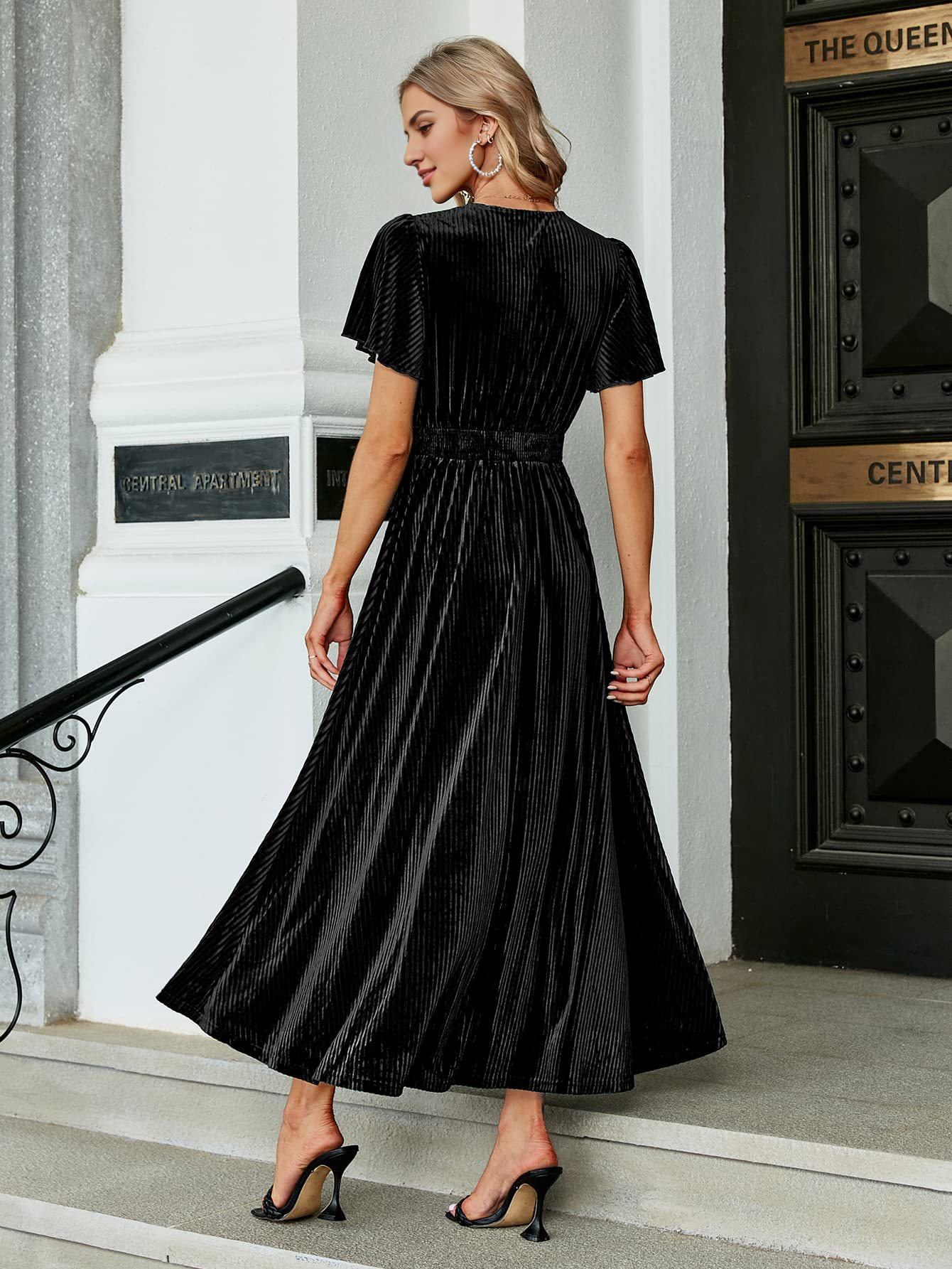 Evening dress Women’s V Neck Velvet Maxi Dress Short Sleeve Empire Waist Long plus size Formal Wear Dresses Wedding Guest Dress
