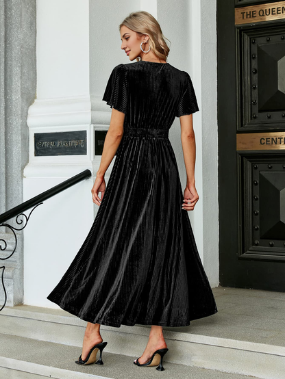 Evening dress Women’s V Neck Velvet Maxi Dress Short Sleeve Empire Waist Long plus size Formal Wear Dresses Wedding Guest Dress