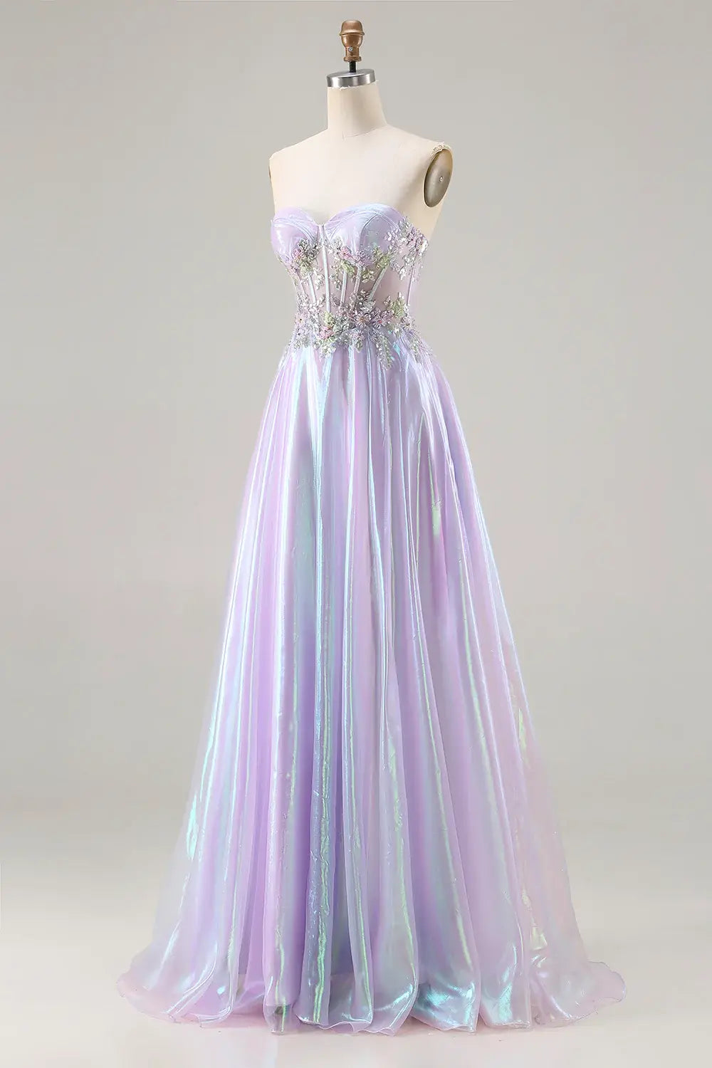 Affordable Luxury Prom Dress Sparkly Purple A Line Strapless Sweetheart Corset with Beading Flower Sleeveless Backless Bargain Long Wedding Guest Dress