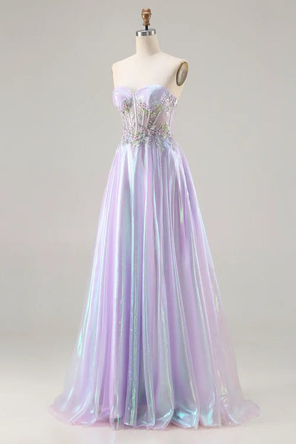 Affordable Luxury Prom Dress Sparkly Purple A Line Strapless Sweetheart Corset with Beading Flower Sleeveless Backless Bargain Long Wedding Guest Dress