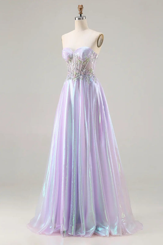 Affordable Luxury Prom Dress Sparkly Purple A Line Strapless Sweetheart Corset with Beading Flower Sleeveless Backless Bargain Long Wedding Guest Dress