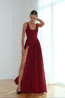 Elegant Formal Women's Dresses Burgundy A Line Scoop Neck Wide Straps Sleeveless Pleated With Split Chic Floor Length Affordable Prom Dress
