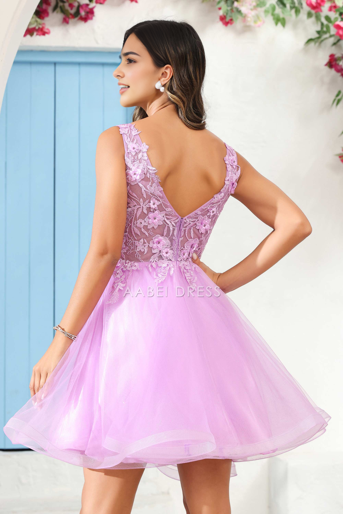 AABEI DRESS Short Dress Gorgeous A Line Deep V Neck 3D Floral Applique Youthful Dress New Homecoming Dress