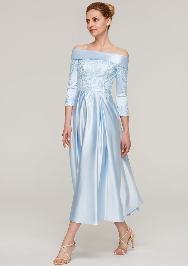 Exquisite Wedding Guest Dresses Sky Blue Satin A-line Off-the-Shoulder 3/4 Sleeve With Lace Appliqued Sashes Ruched Tea-Length Bargain Mother of the Bride Dress