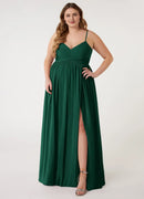 Wedding Guests Dresses Emerald A-Line Spaghetti Strap V Neck Sleeveless Pleated Side Fork Backless Floor-Length Elegant Plus Size Formal Dress Discount Hot Sale Prom Dress