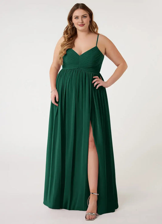 Wedding Guests Dresses Emerald A-Line Spaghetti Strap V Neck Sleeveless Pleated Side Fork Backless Floor-Length Elegant Plus Size Formal Dress Discount Hot Sale Prom Dress