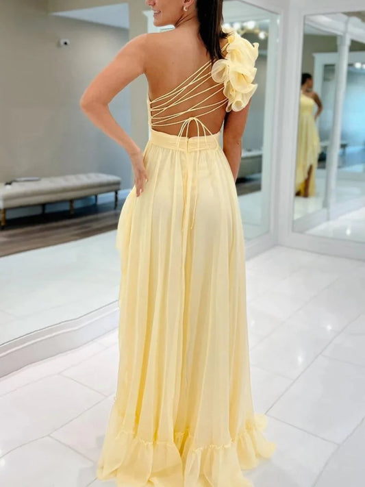 Light Yellow A-line Pleated One Shoulder Sleeveless Lace-Up Backless Asymmetry High-Low Ruffle Fashion Wedding Guest Dress Long Hot Sale Prom Dresses