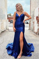 Evening Dress Royal Blue Spaghetti Strap Mermaid Cultivate oneself Prom Dress Backless Side Fork Sweep Train Sparkle Formal Women's Dresses