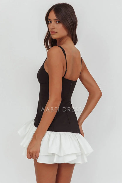 Sheath Square Neck Wide Shoulder Straps Sleeveless Layered Frill Hem Black Charming Mini Dress Hot Sale Homecoming Dress