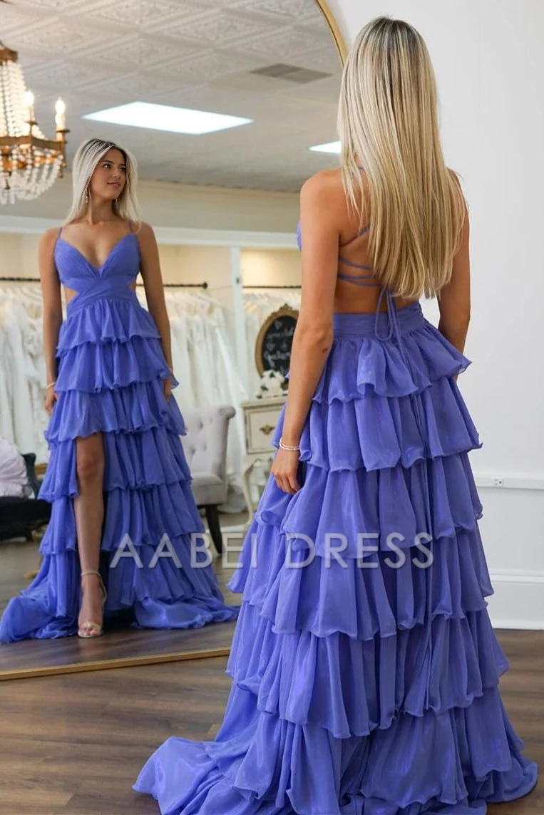 AABEI DRESS Hot Sale Prom Dress A-Line Spaghetti Straps Backless Lace Up Long Ruched Tiered with Slit Exquisite Formal Dress