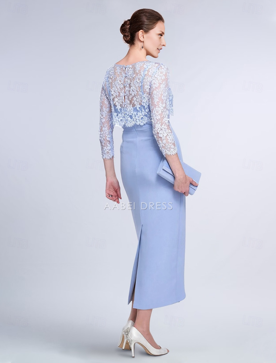 AABEI DRESS Wedding Guest Dress Elegant Sheath Jewel Neck 3/4 Length Sleeve Tea Length Wrap Included Jacket Dresses with Lace Fashion Two Piece Mother of the Bride Dress
