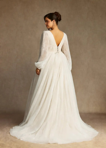 Elegant A Line Deep V Neck Long Sleeves Lace Tulle V Back Retro Plus Size Hot Sale Wedding Dress