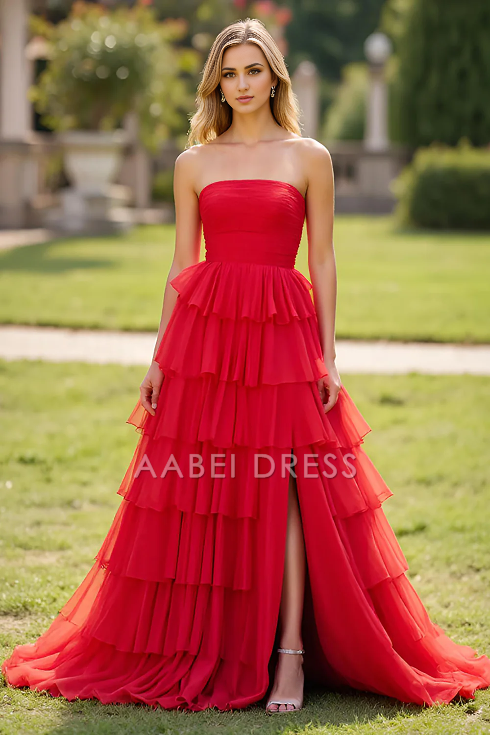 AABEI DRESS Hot Sale Prom Dress Elegant A Line Strapless Square Neck Ruched Tiered With Slit Fashion Long Formal Dress