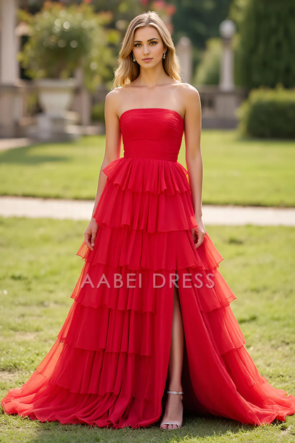 AABEI DRESS Hot Sale Prom Dress Elegant A Line Strapless Square Neck Ruched Tiered With Slit Fashion Long Formal Dress