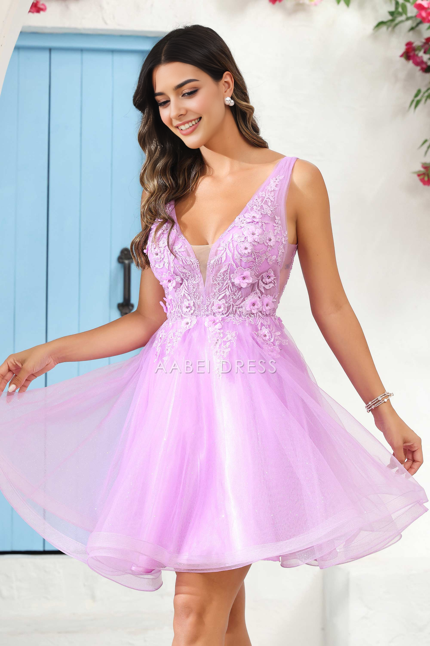 AABEI DRESS Short Dress Gorgeous A Line Deep V Neck 3D Floral Applique Youthful Dress New Homecoming Dress