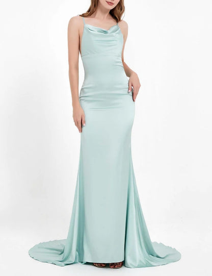 AABEI DRESS Charming Mermaid Cowl Neck Spaghetti Straps Open Back Elegant Satin Dress Simple Evening Dress