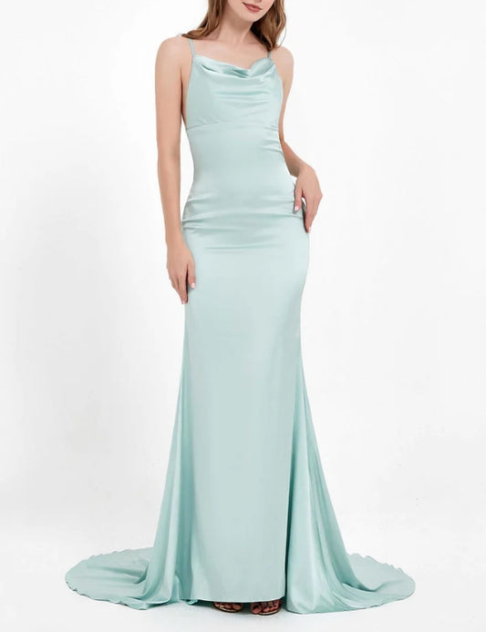 AABEI DRESS Charming Mermaid Cowl Neck Spaghetti Straps Open Back Elegant Satin Dress Simple Evening Dress