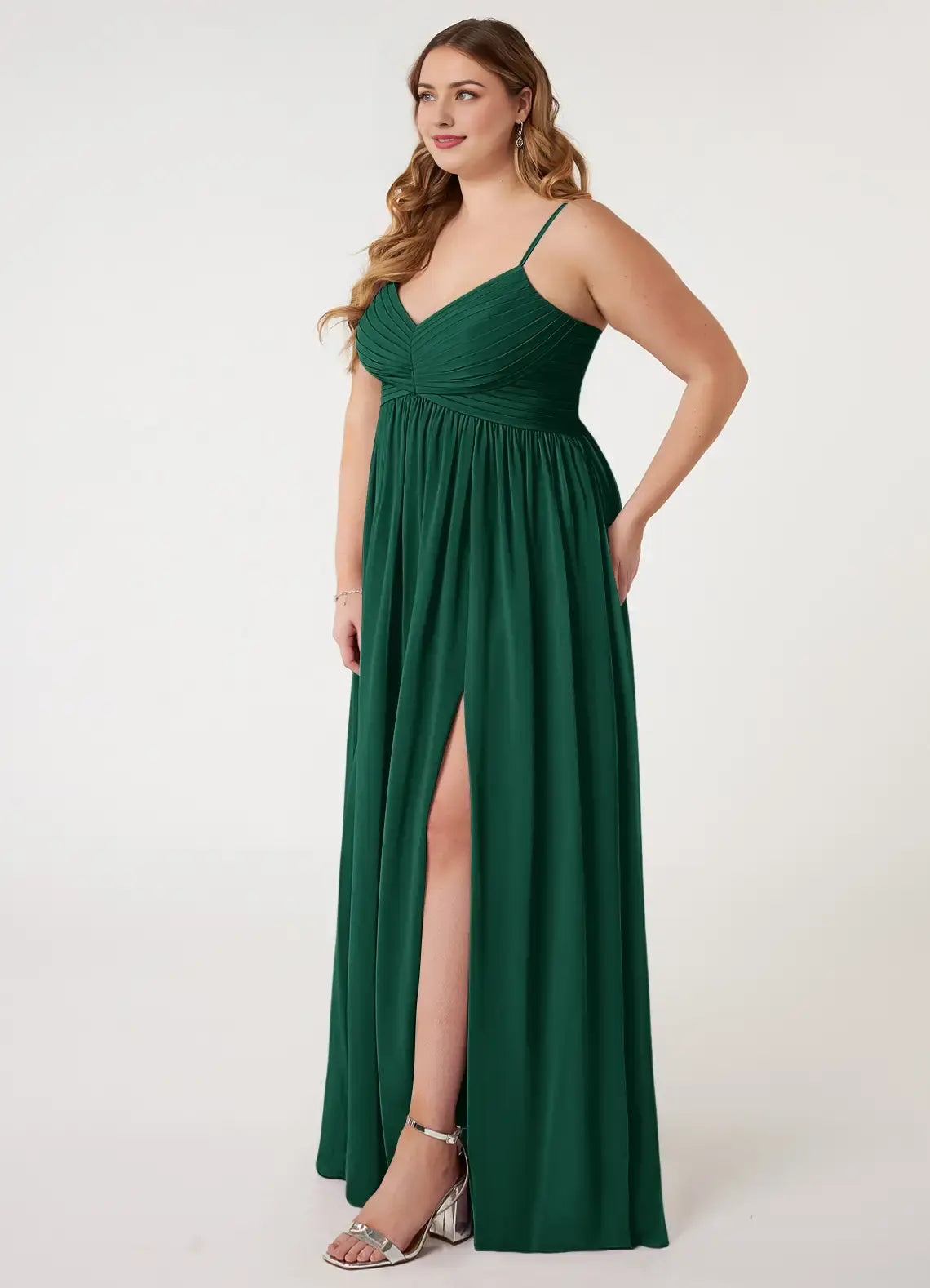 Wedding Guests Dresses Emerald A-Line Spaghetti Strap V Neck Sleeveless Pleated Side Fork Backless Floor-Length Elegant Plus Size Formal Dress Discount Hot Sale Prom Dress
