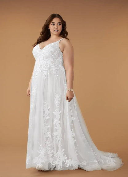 Retro White A-Line Spaghetti Strap V-Neck Sleeveless Tulle Lace Applique V Back Elegant Plus Size Hot Sale Wedding Dress