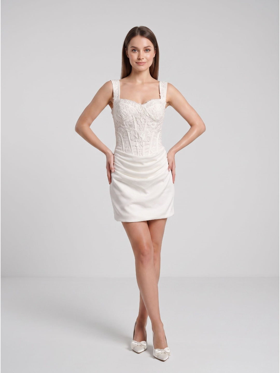 Ivory Lace and Satin Bodycon Sweetheart Lace-Up Back Mini Dress