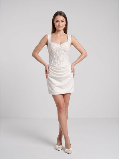 Ivory Lace and Satin Bodycon Sweetheart Lace-Up Back Mini Dress