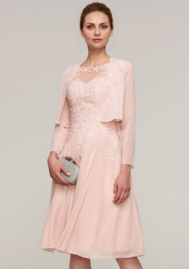 Classic Elegant Wedding Guest Dresses Pink Chiffon A-line Boat Neck Sleeveless Lace Appliqued With Long Sleeves Jacket Two-Piece Knee-Length Bargain Mother of the Bride Dress