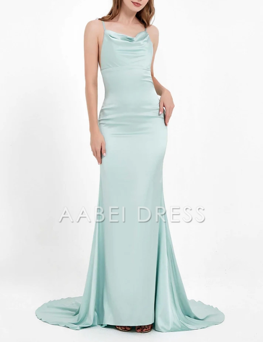AABEI DRESS Charming Mermaid Cowl Neck Spaghetti Straps Open Back Elegant Satin Dress Simple Evening Dress
