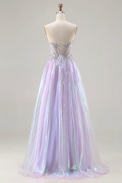 Affordable Luxury Prom Dress Sparkly Purple A Line Strapless Sweetheart Corset with Beading Flower Sleeveless Backless Bargain Long Wedding Guest Dress