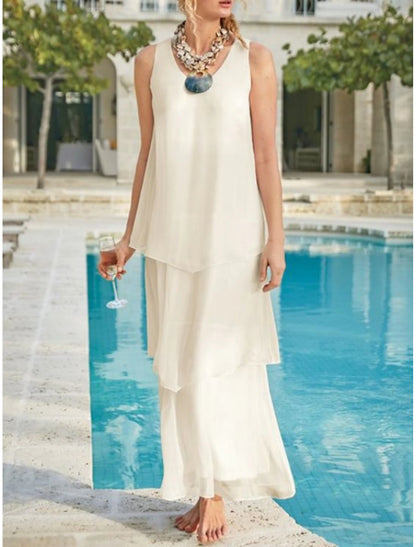Mother of the Bride Dress Wedding Guest Elegant Simple V Neck Ankle Length Chiffon Sleeveless with Solid Color