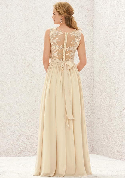 Elegant Champagne Chiffon A-line V Neck Sleeveless Sashes Pleated Back Lace Appliqued Affordable Floor-Length Bridesmaid Dress