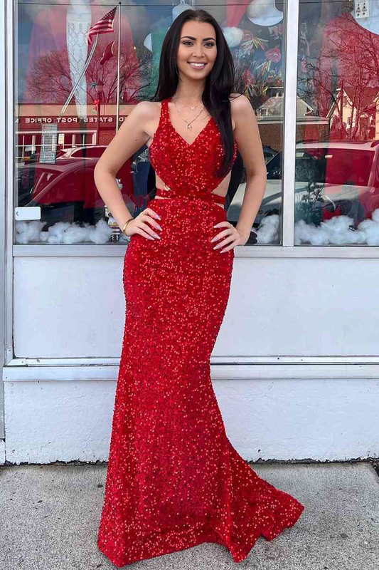 Evening Dress V Neck Mermaid Cultivate oneself Sequins Backless Sweep Train Prom Dress Sparkle Formal Women's Dresses