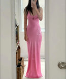 AABEI DRESS Prom Dress Elegant Sheath V Neck Spaghetti Strap Satin Backless Long Simple Formal Dress