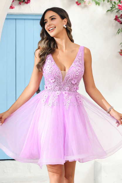 AABEI DRESS Short Dress Gorgeous A Line Deep V Neck 3D Floral Applique Youthful Dress New Homecoming Dress